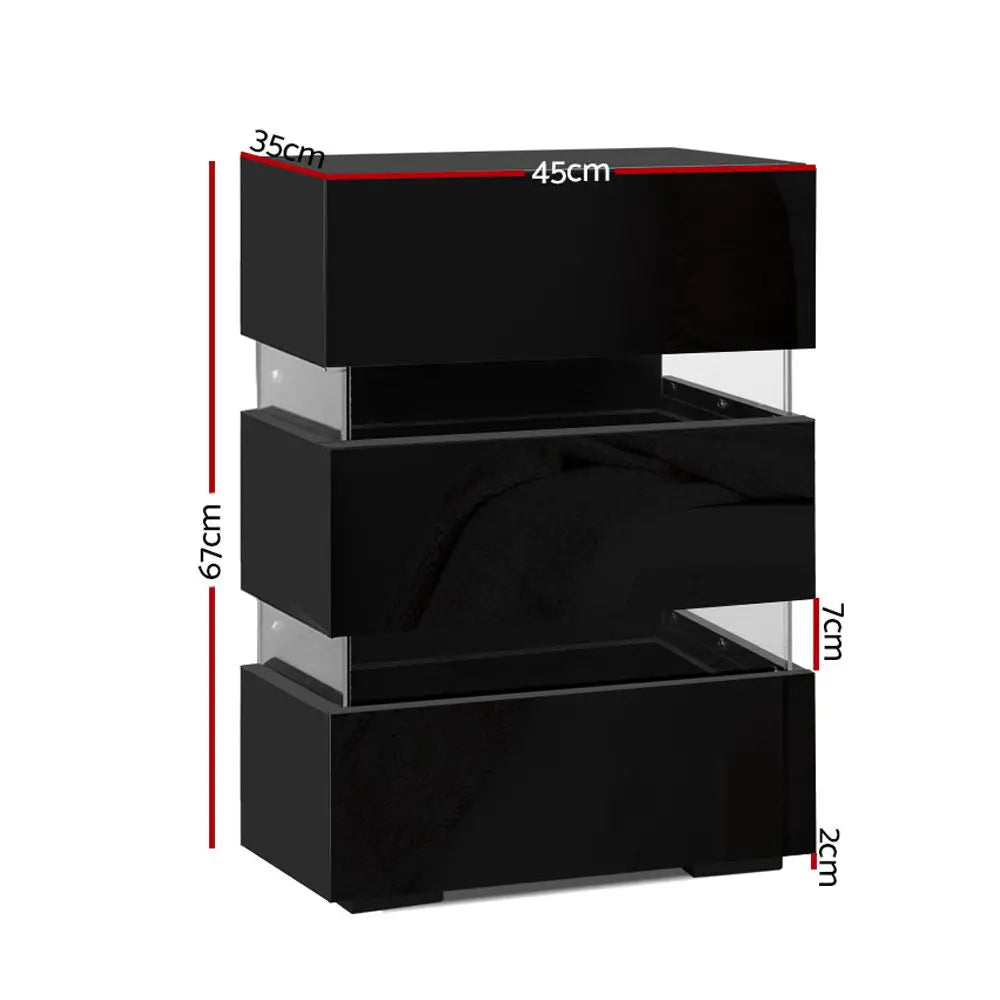 Artiss Bedside Table LED 3 Drawers - LUMI Black - Furniture > Bedroom