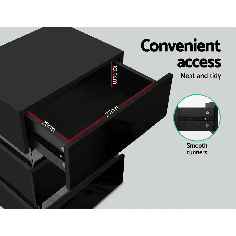 Artiss Bedside Table LED 3 Drawers - LUMI Black - Furniture > Bedroom