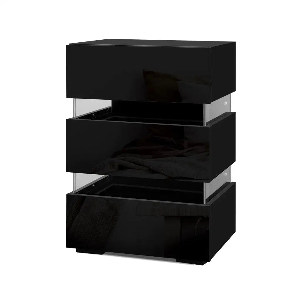 Artiss Bedside Table LED 3 Drawers - LUMI Black - Furniture > Bedroom