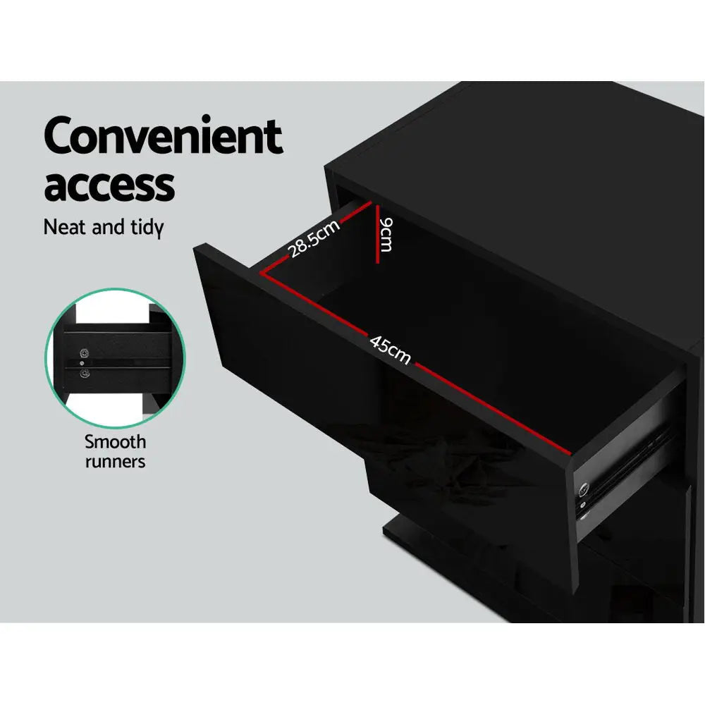 Artiss Bedside Table LED 3 Drawers - MORI Black - Furniture > Bedroom