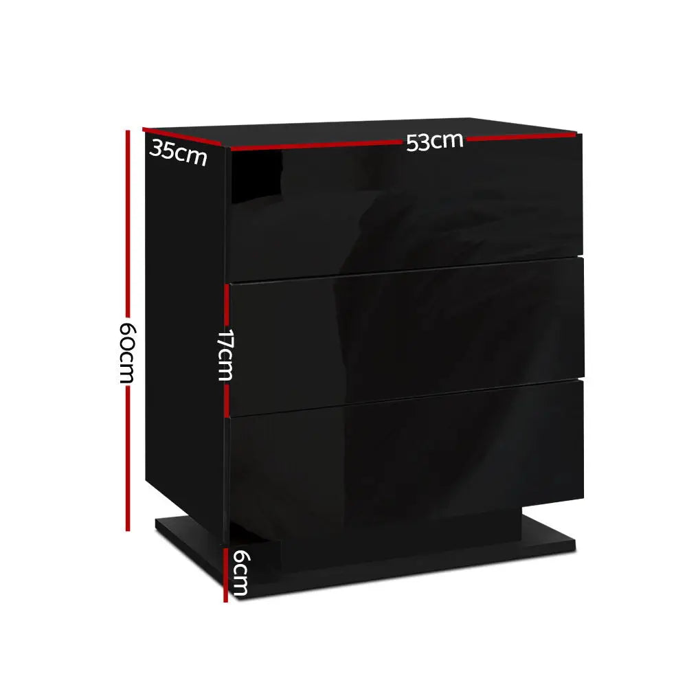 Artiss Bedside Table LED 3 Drawers - MORI Black - Furniture > Bedroom