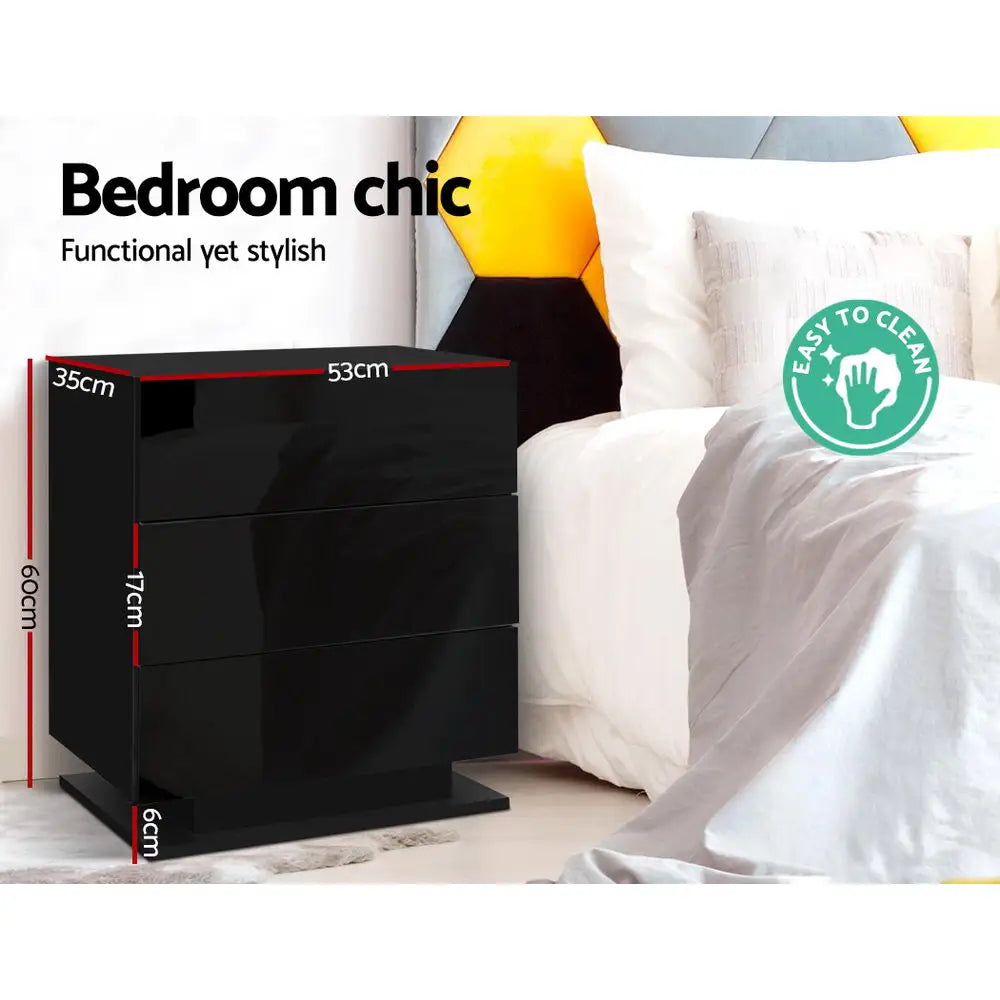 Artiss Bedside Table LED 3 Drawers - MORI Black - Furniture > Bedroom