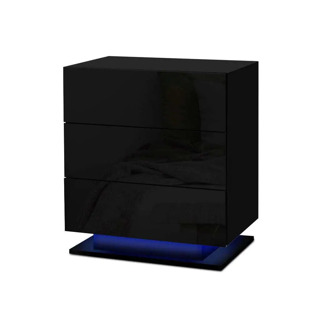 Artiss Bedside Table LED 3 Drawers - MORI Black - Furniture > Bedroom