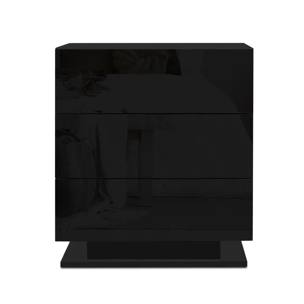Artiss Bedside Table LED 3 Drawers - MORI Black - Furniture > Bedroom