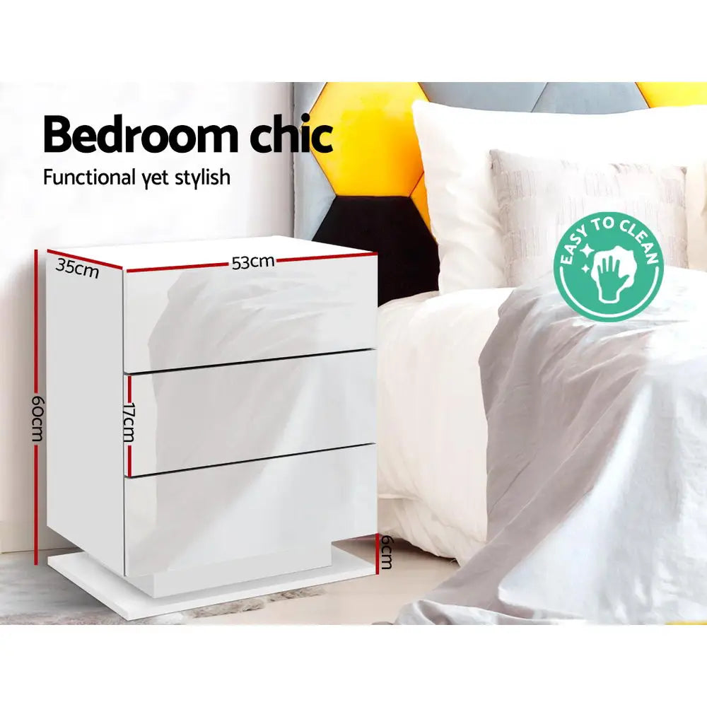 Artiss Bedside Table LED 3 Drawers - MORI White - Furniture > Bedroom