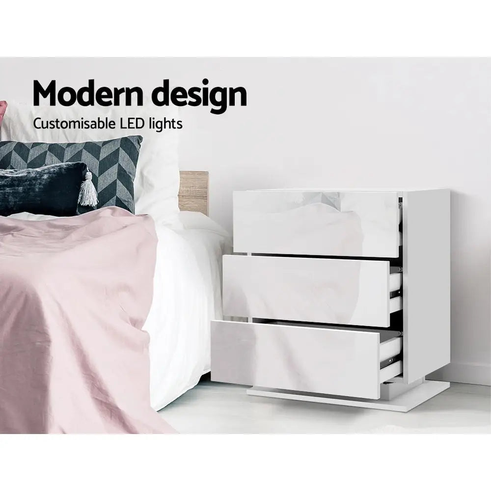 Artiss Bedside Table LED 3 Drawers - MORI White - Furniture > Bedroom