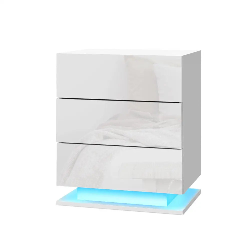 Artiss Bedside Table LED 3 Drawers - MORI White - Furniture > Bedroom