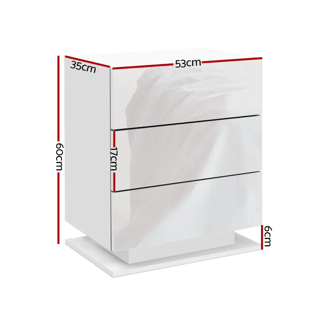 Artiss Bedside Table LED 3 Drawers - MORI White - Furniture > Bedroom