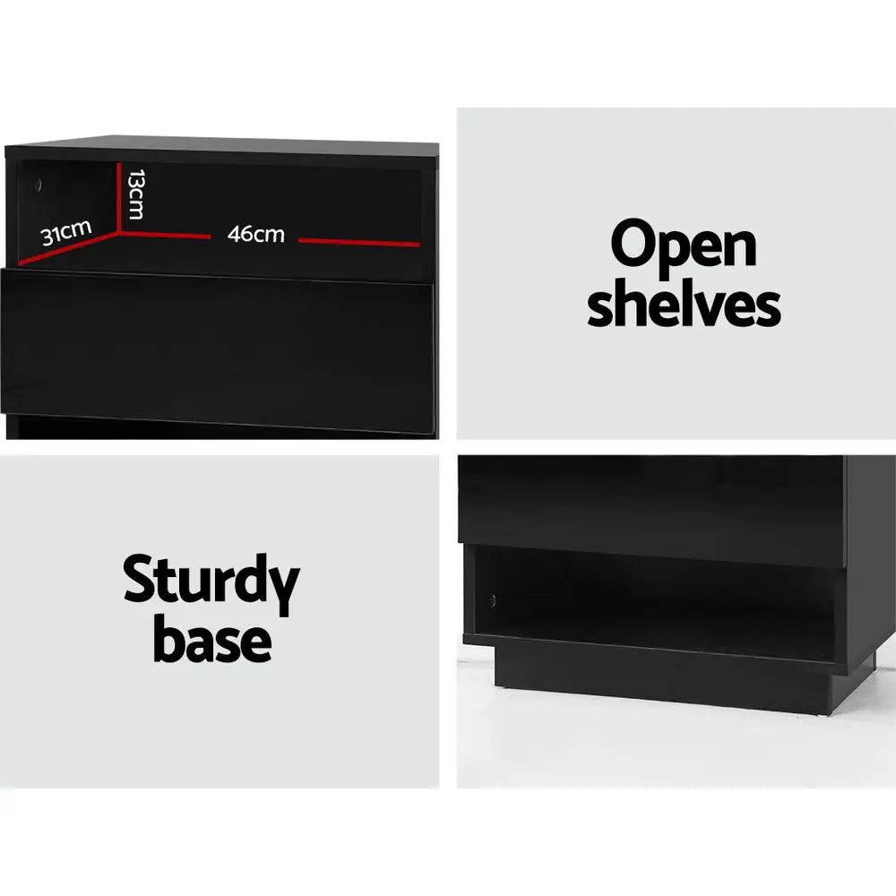 Artiss Bedside Table LED with 2 Shelves - HANA Black - Furniture > Bedroom > Bedside Tables