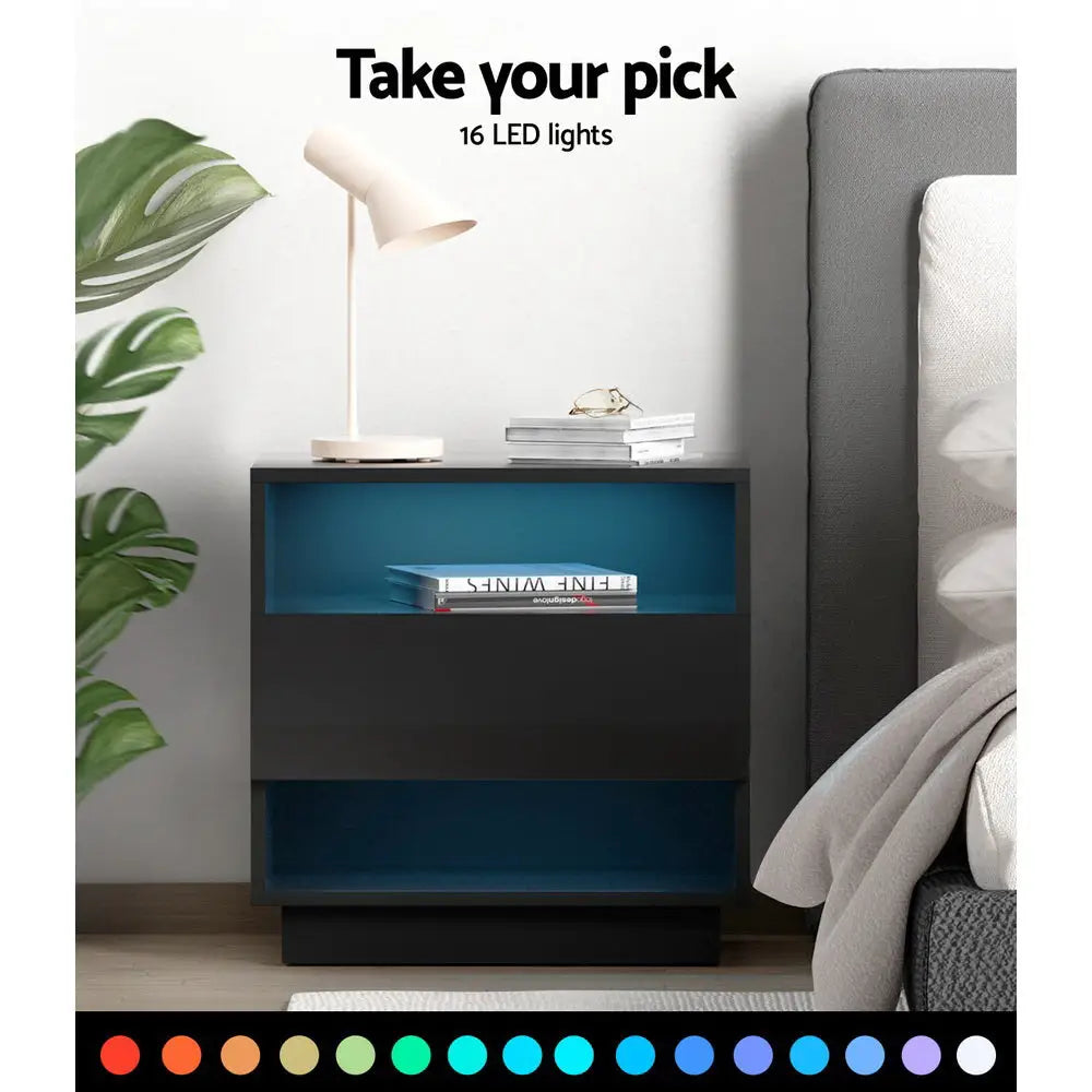 Artiss Bedside Table LED with 2 Shelves - HANA Black - Furniture > Bedroom > Bedside Tables
