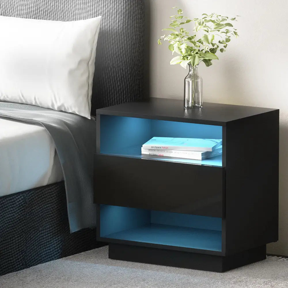 Artiss Bedside Table LED with 2 Shelves - HANA Black - Furniture > Bedroom > Bedside Tables