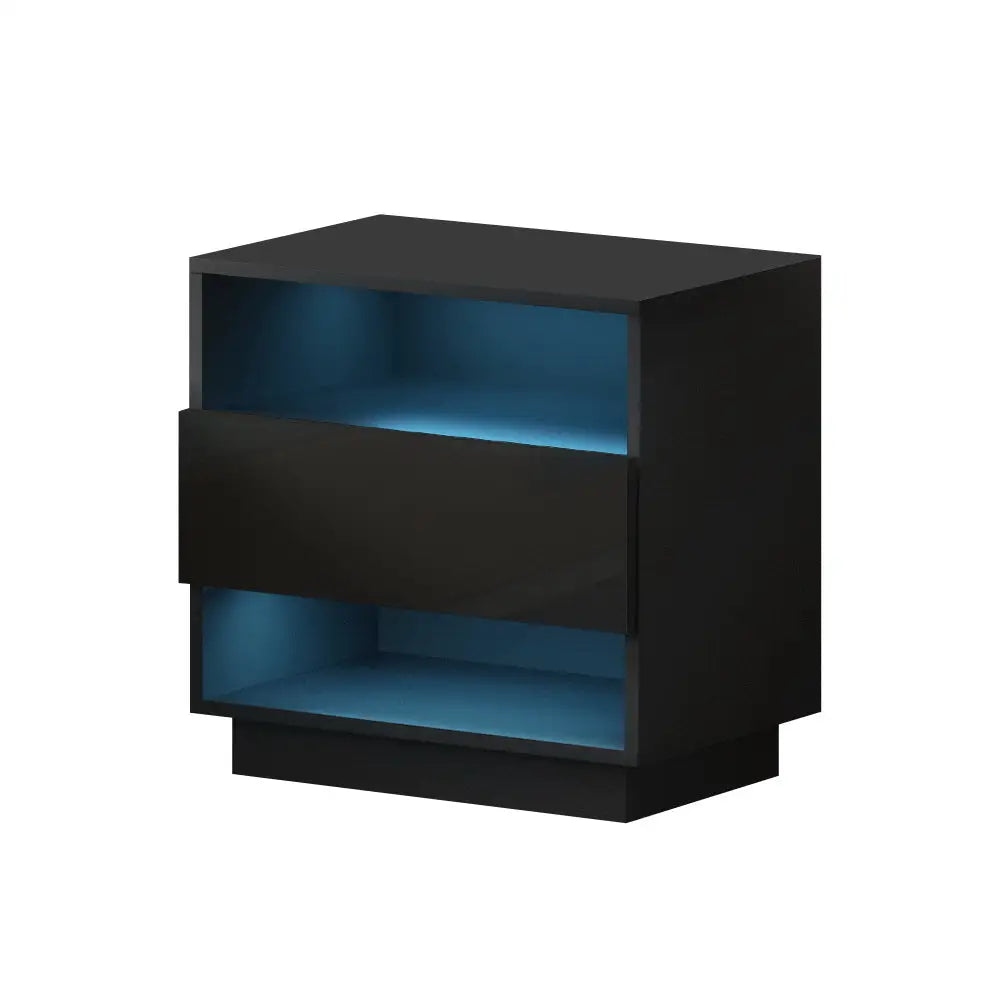Artiss Bedside Table LED with 2 Shelves - HANA Black - Furniture > Bedroom > Bedside Tables
