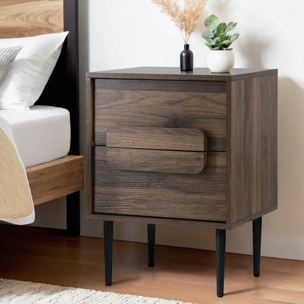 Artiss Bedside Table Nightstand 2 Drawers - Walnut - Furniture > Bedroom > Bedside Tables