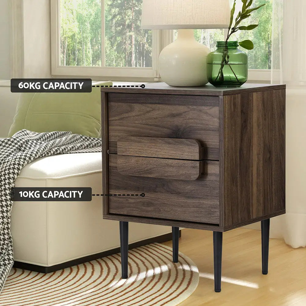 Artiss Bedside Table Nightstand 2 Drawers - Walnut - Furniture > Bedroom > Bedside Tables