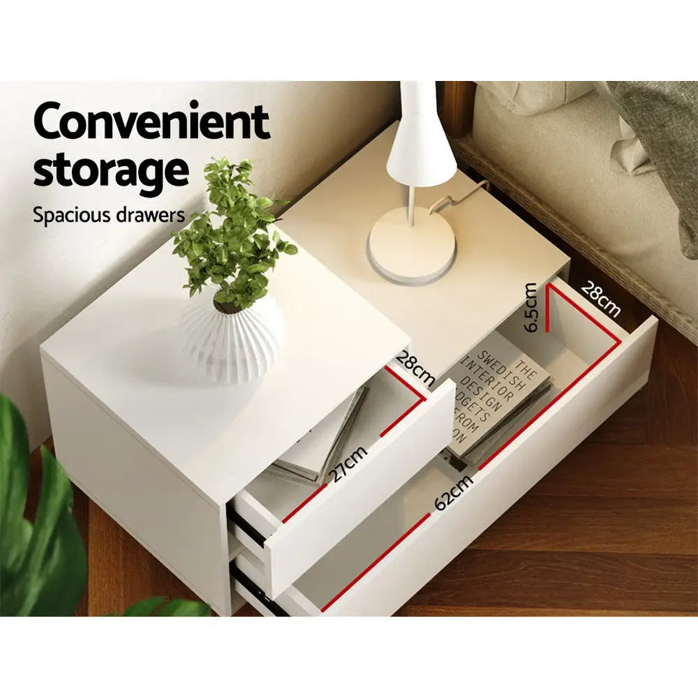 Artiss Bedside Tables LED 2 Drawers - REMI White - Furniture > Bedroom
