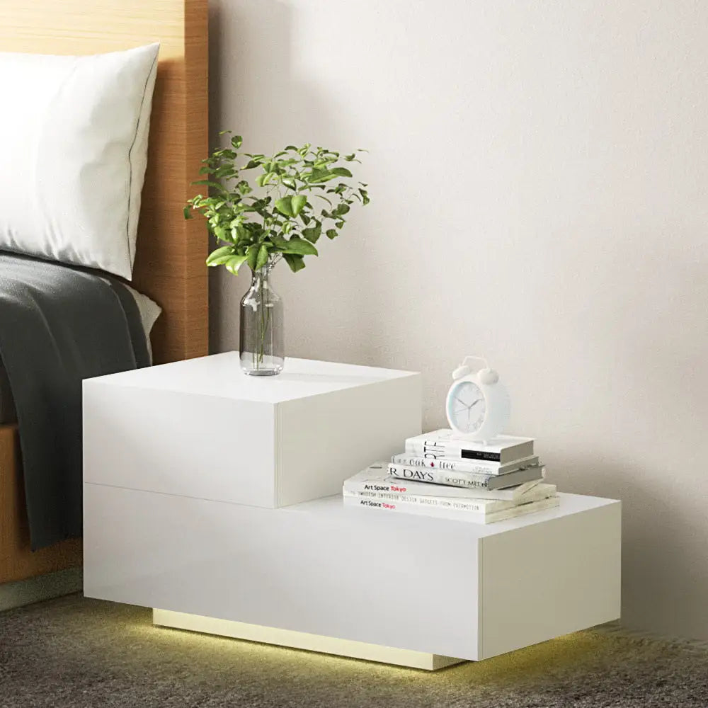 Artiss Bedside Tables LED 2 Drawers - REMI White - Furniture > Bedroom