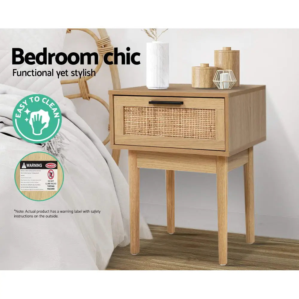 Artiss Bedside Tables Table 1 Drawer Storage Cabinet Rattan Wood Nightstand - Furniture > Bedroom