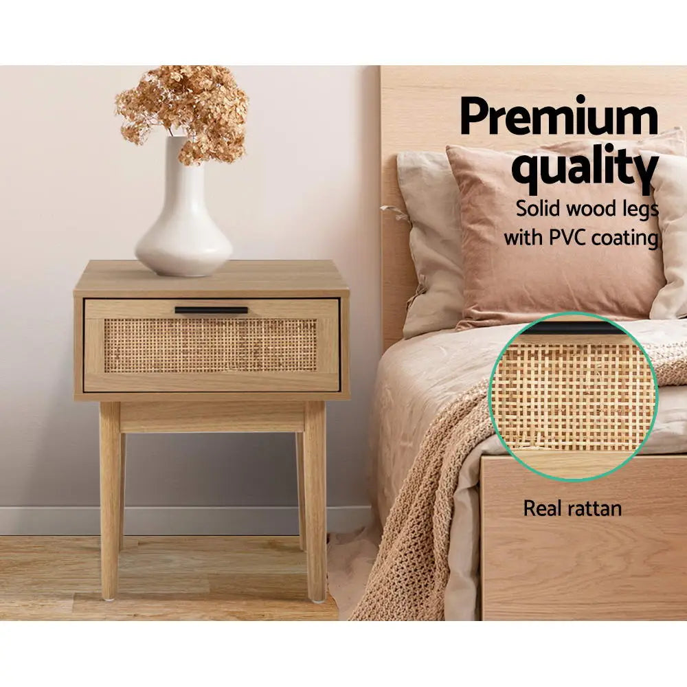 Artiss Bedside Tables Table 1 Drawer Storage Cabinet Rattan Wood Nightstand - Furniture > Bedroom