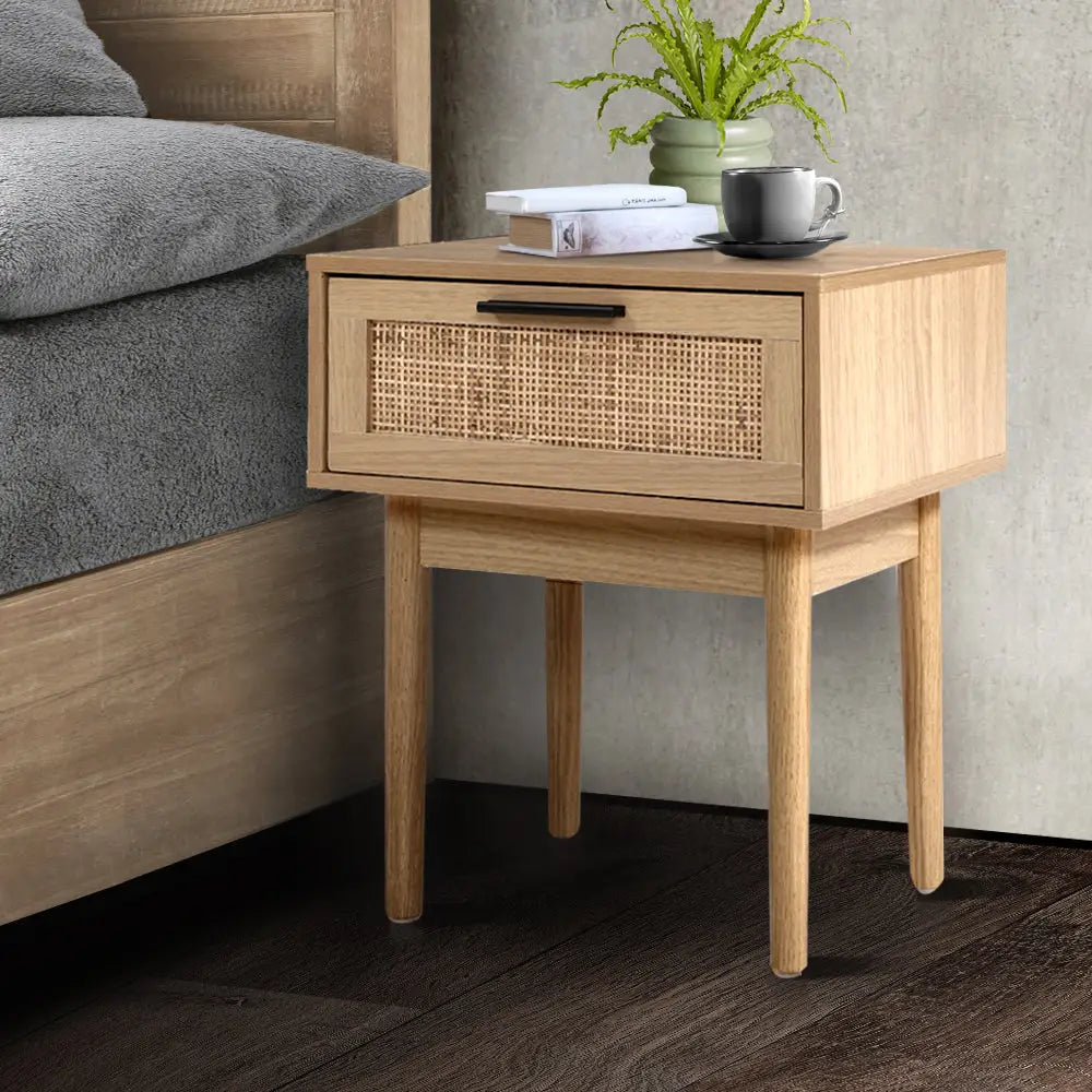 Artiss Bedside Tables Table 1 Drawer Storage Cabinet Rattan Wood Nightstand - Furniture > Bedroom
