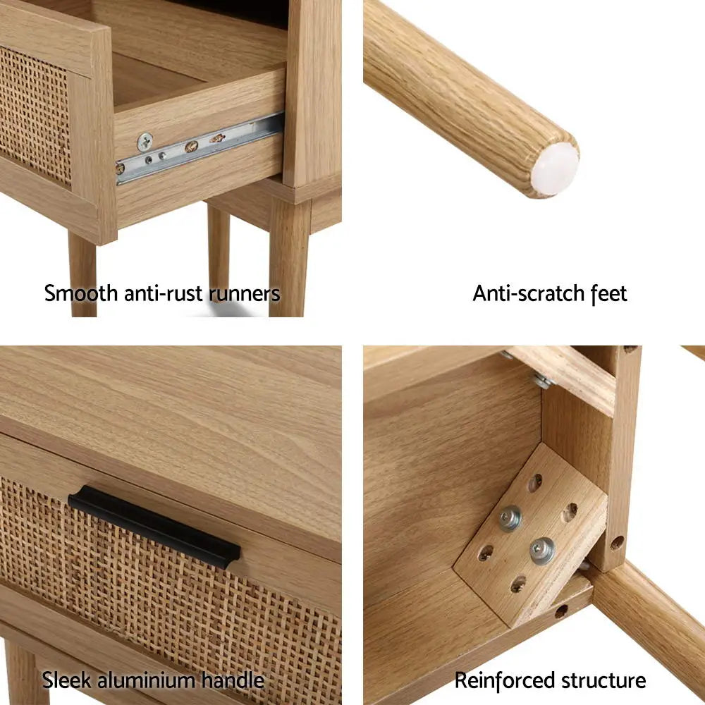 Artiss Bedside Tables Table 1 Drawer Storage Cabinet Rattan Wood Nightstand - Furniture > Bedroom