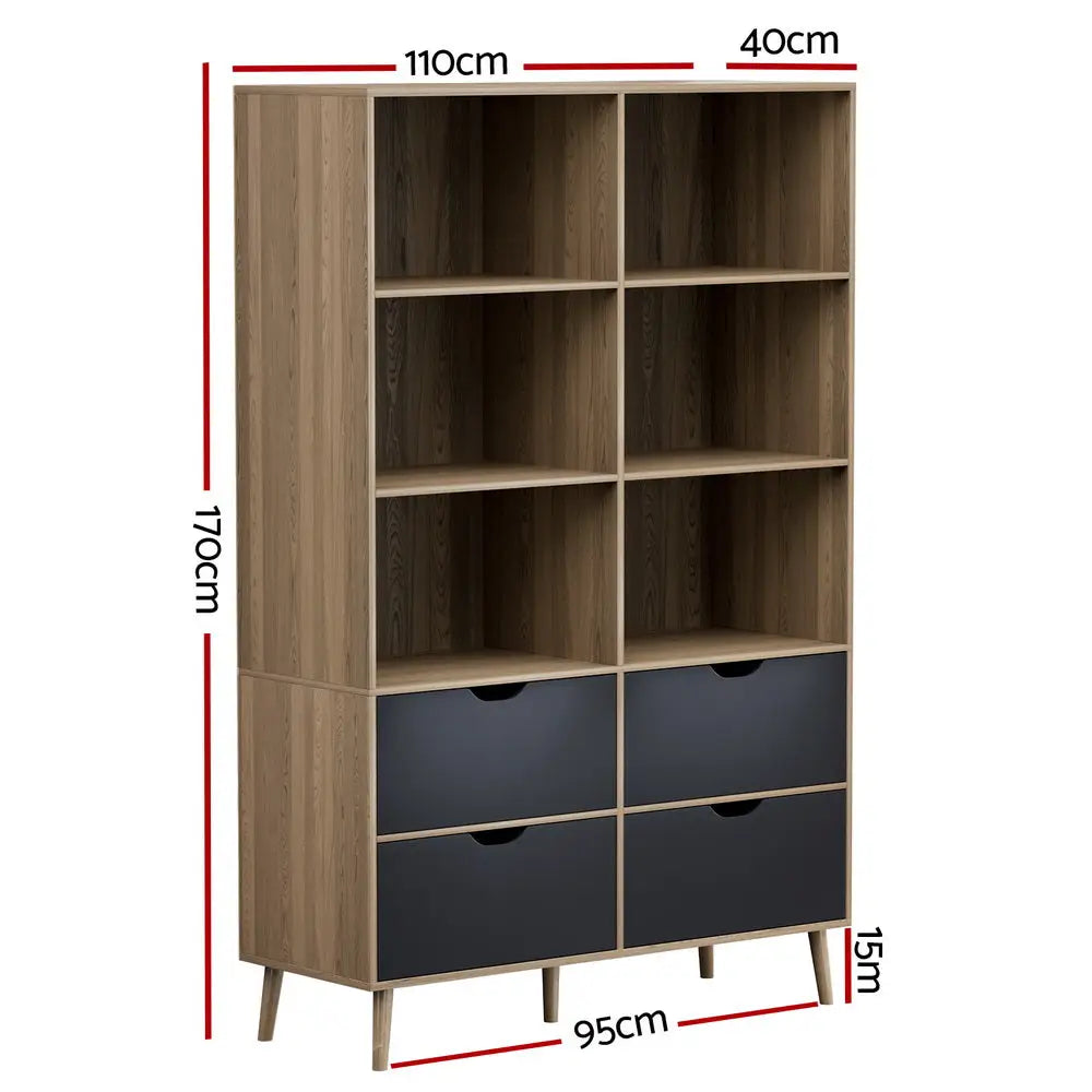 Artiss Bookshelf with 4 Drawers - MITZI Oak and Blue - Furniture > Bedroom