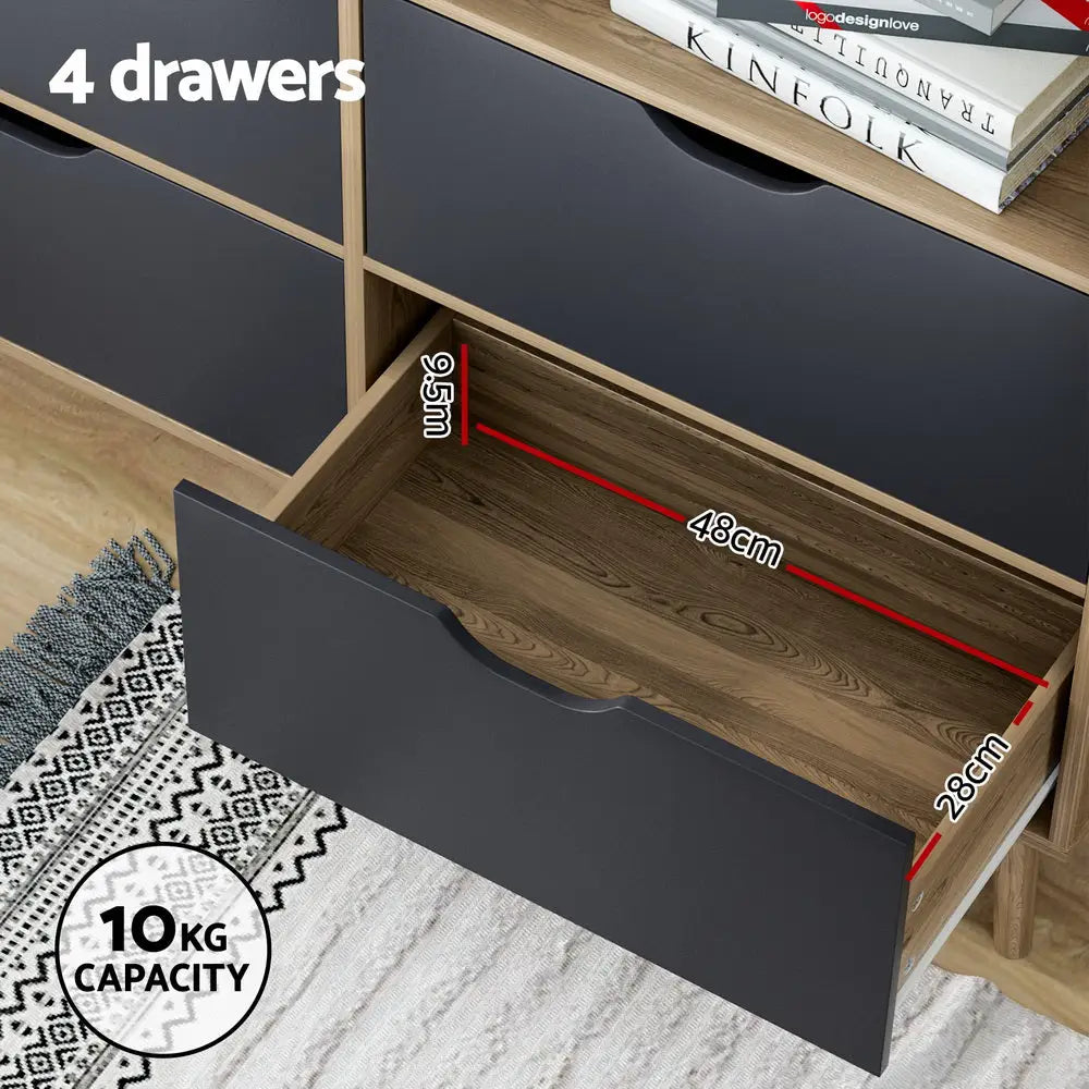 Artiss Bookshelf with 4 Drawers - MITZI Oak and Blue - Furniture > Bedroom