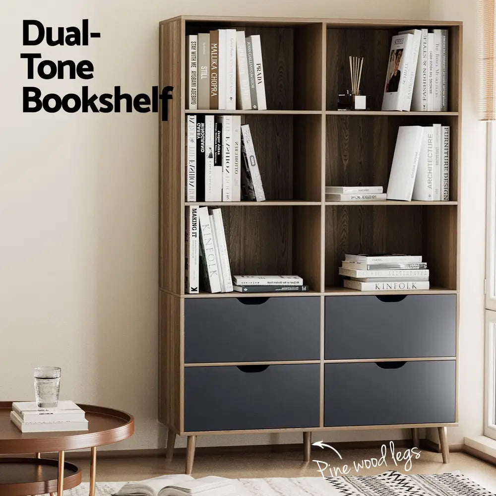 Artiss Bookshelf with 4 Drawers - MITZI Oak and Blue - Furniture > Bedroom