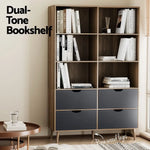 Artiss Bookshelf with 4 Drawers - MITZI Oak and Blue - Furniture > Bedroom