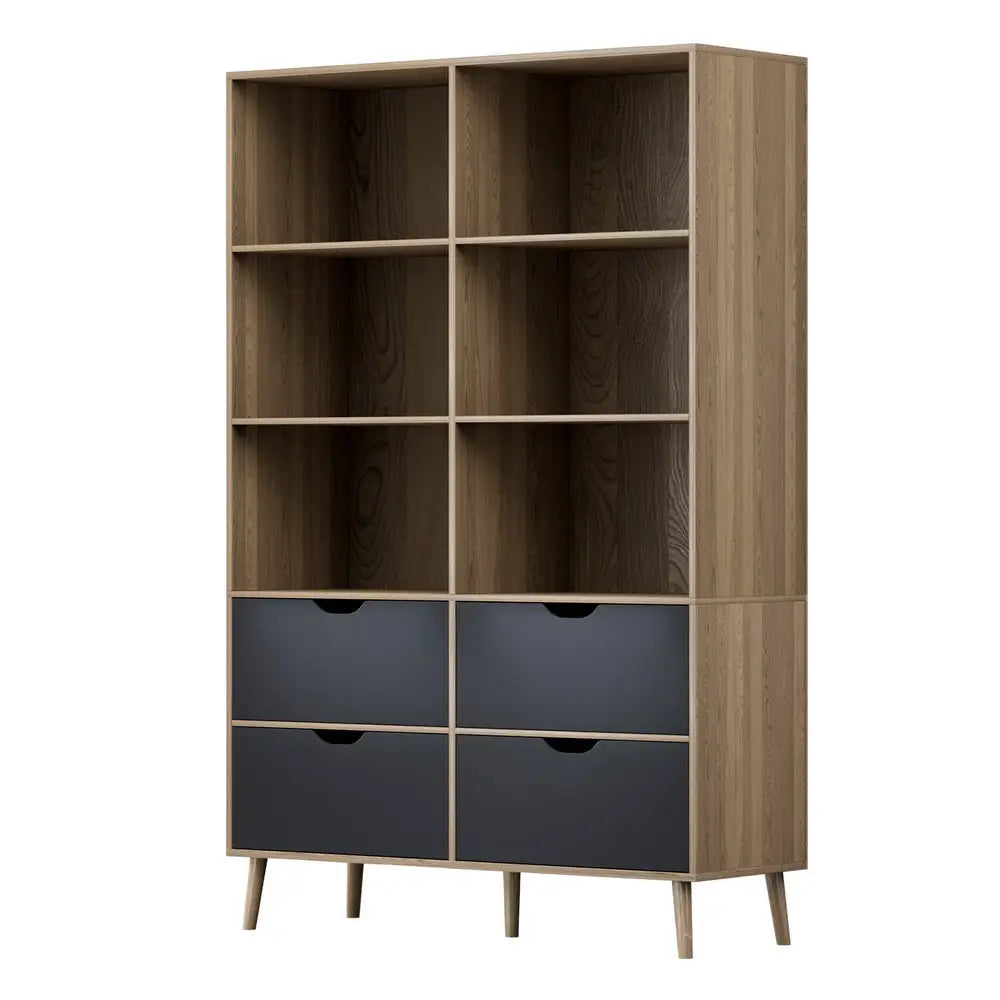 Artiss Bookshelf with 4 Drawers - MITZI Oak and Blue - Furniture > Bedroom