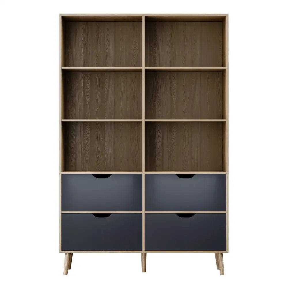 Artiss Bookshelf with 4 Drawers - MITZI Oak and Blue - Furniture > Bedroom