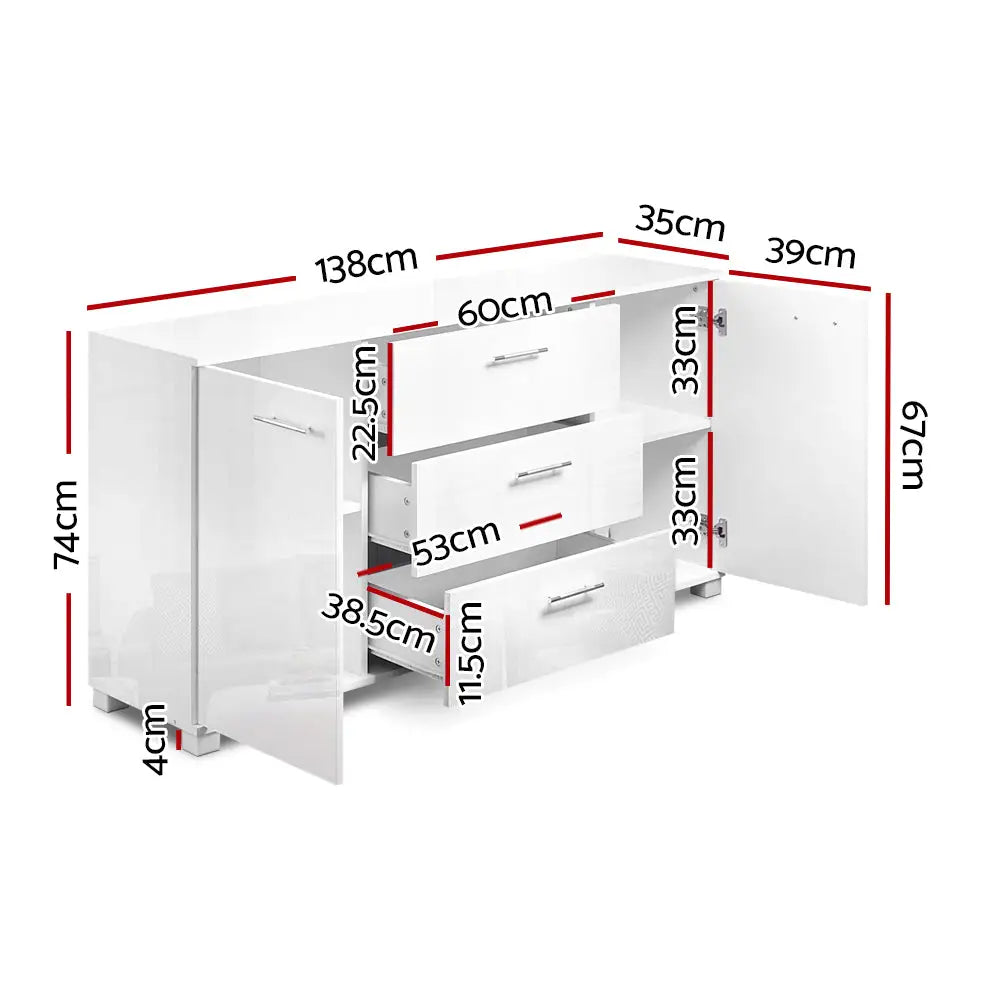 Artiss Buffet Sideboard High Gloss - White - Furniture > Living Room