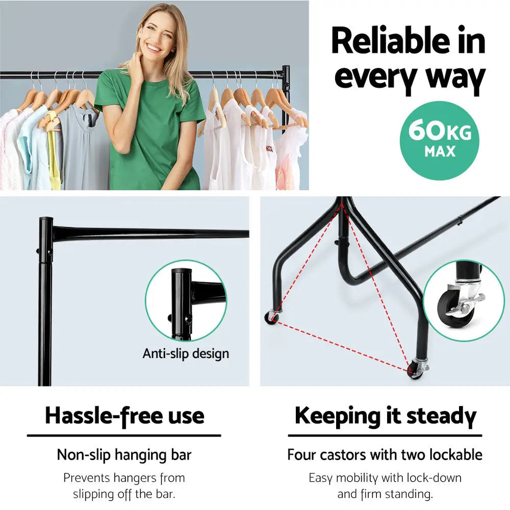 Artiss Clothes Rack Coat Stand 6FT Rail Wheels - Furniture > Bedroom