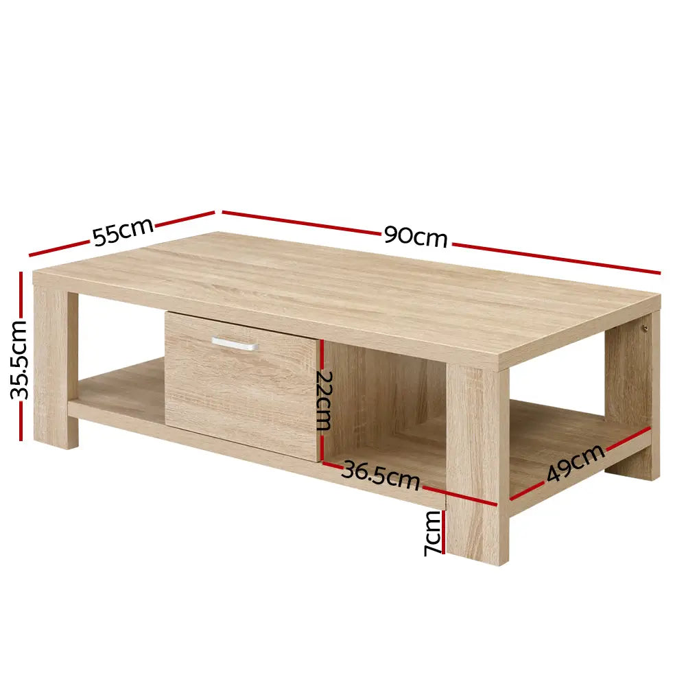 Artiss Coffee Table 1 Drawer Oak Maxi - Furniture > Living Room