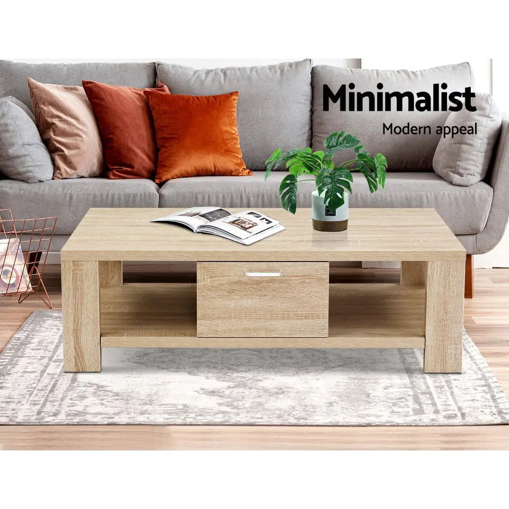 Artiss Coffee Table 1 Drawer Oak Maxi - Furniture > Living Room