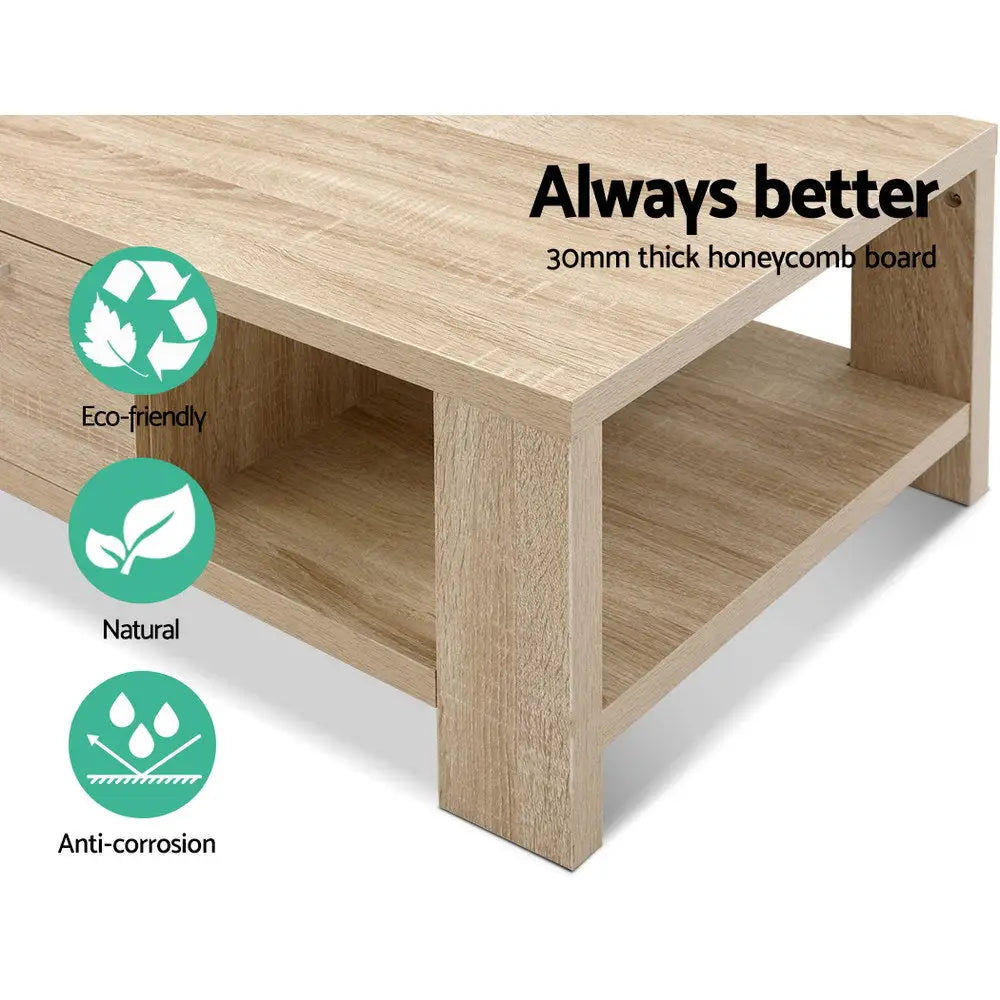 Artiss Coffee Table 1 Drawer Oak Maxi - Furniture > Living Room