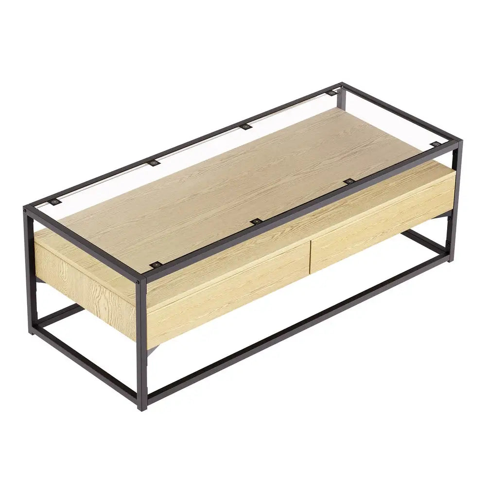 Artiss Coffee Table 2 Drawers Glass Tabletop Pine - Furniture > Living Room > Coffee Tables