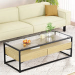 Artiss Coffee Table 2 Drawers Glass Tabletop Pine - Furniture > Living Room > Coffee Tables
