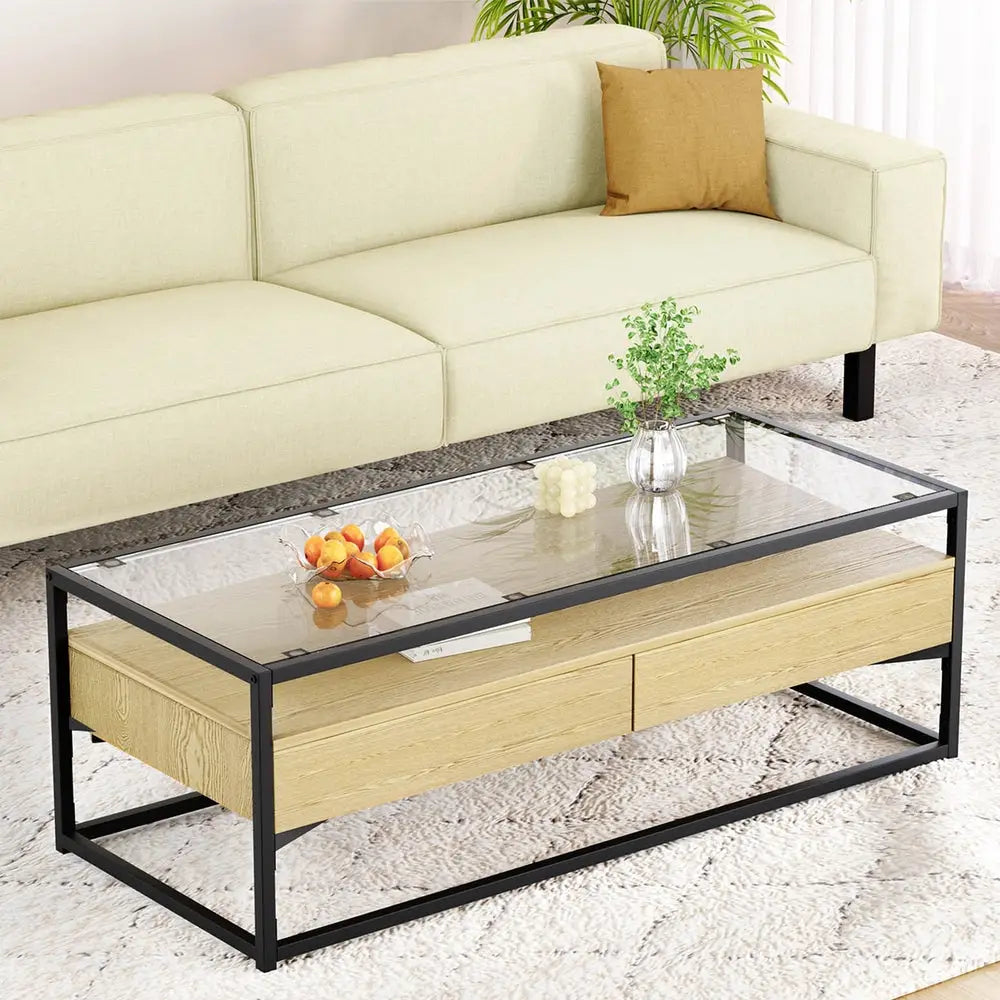 Artiss Coffee Table 2 Drawers Glass Tabletop Pine - Furniture > Living Room > Coffee Tables