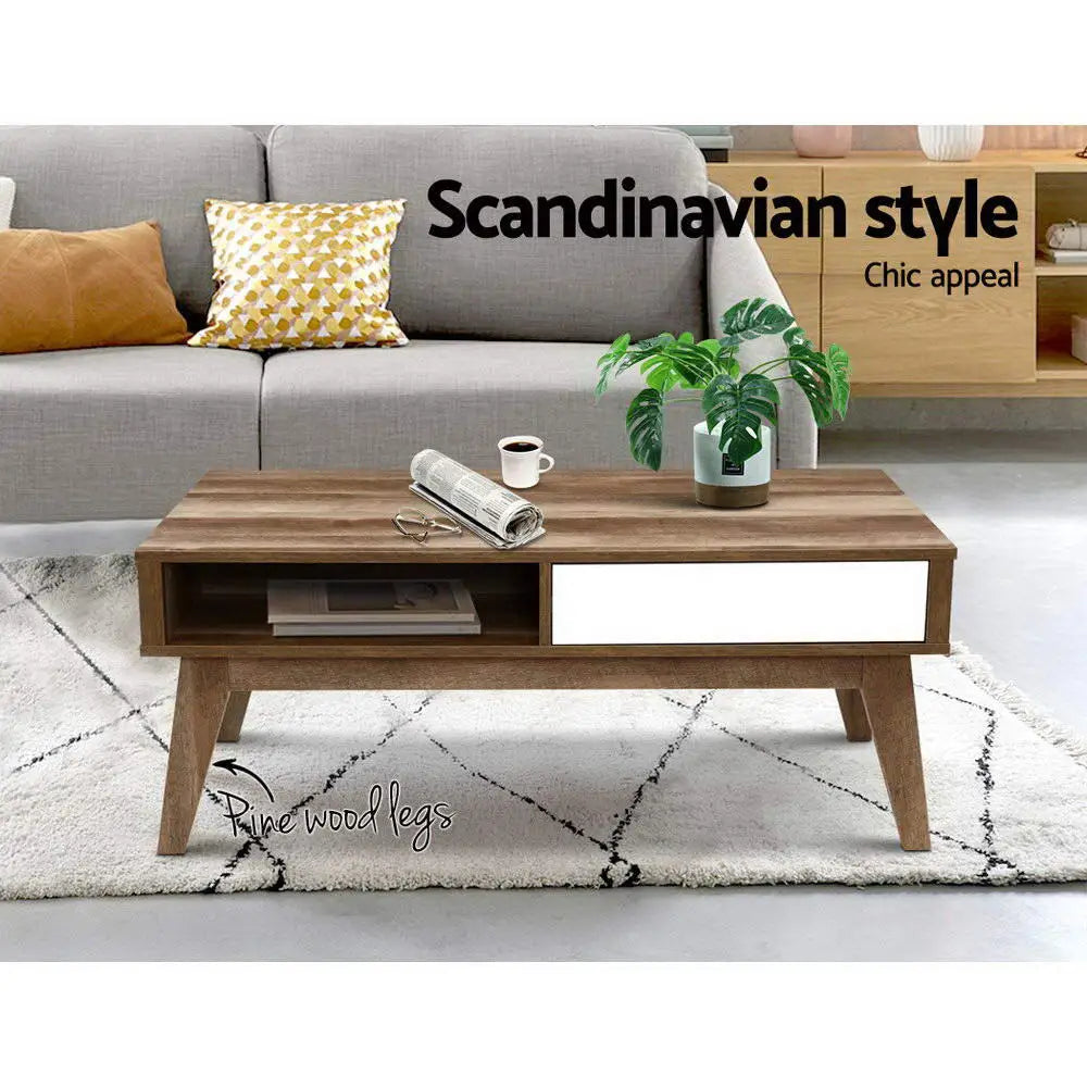 Artiss Coffee Table 2 Drawers Walnut Serena - Furniture > Living Room