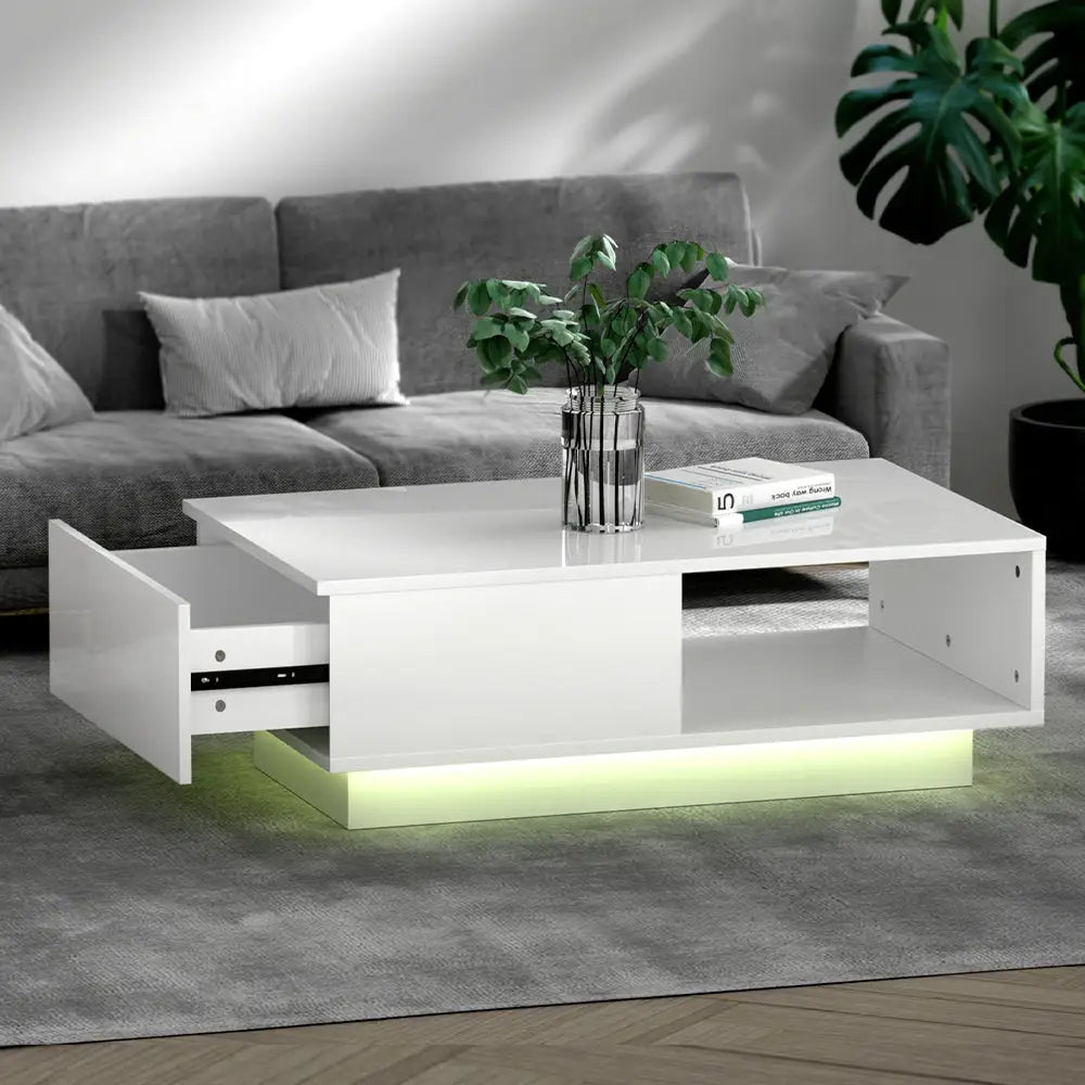 Artiss Coffee Table Led Lights White - Furniture > Living Room