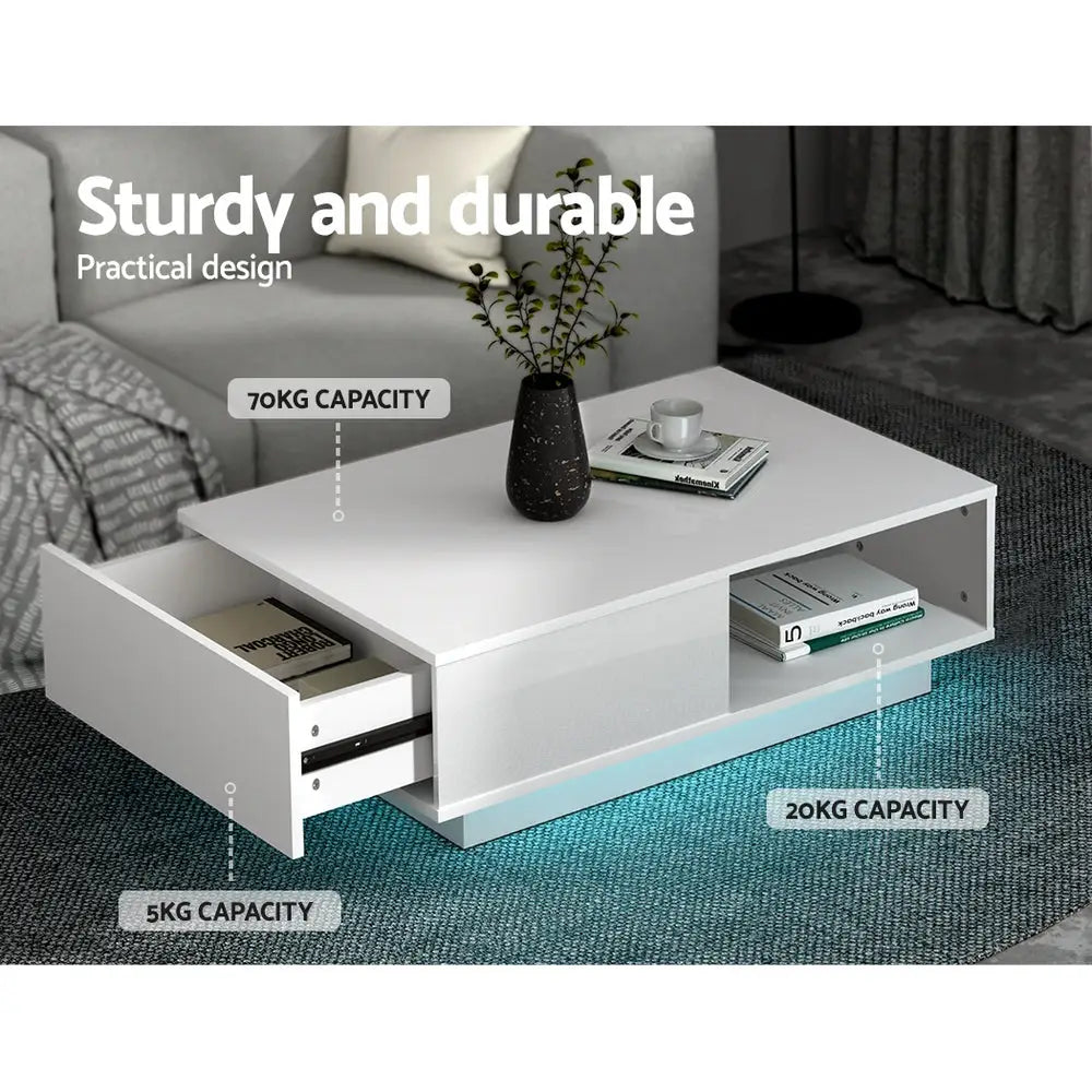 Artiss Coffee Table Led Lights White - Furniture > Living Room