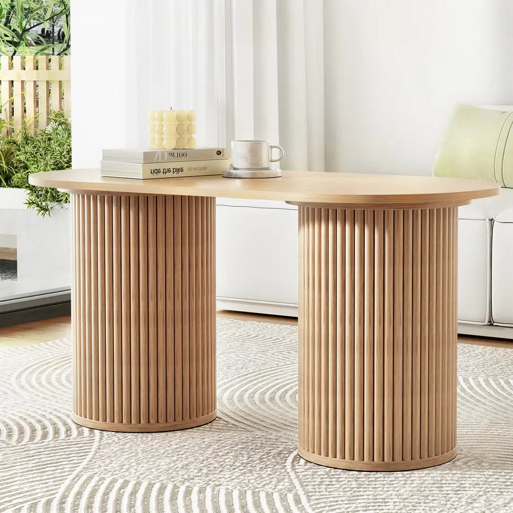 Artiss Coffee Table Oval 100CM Pine Samuel - Furniture > Living Room