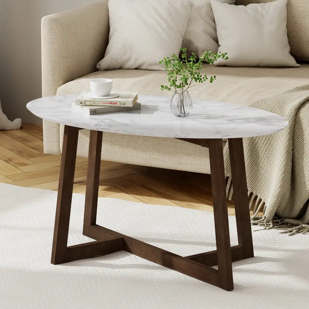 Artiss Coffee Table Oval Marble Effect - Furniture > Living Room > Coffee Tables