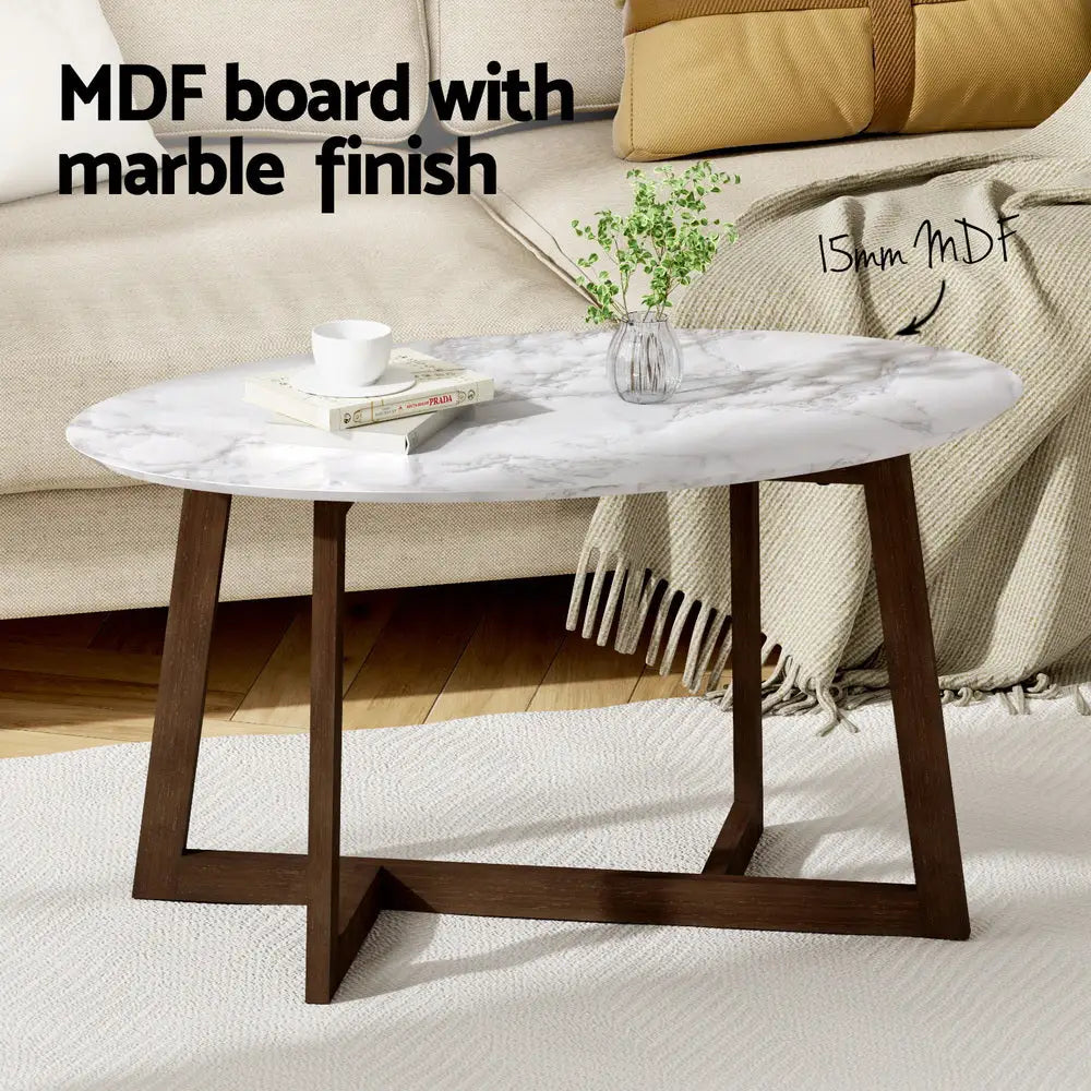 Artiss Coffee Table Oval Marble Effect - Furniture > Living Room > Coffee Tables