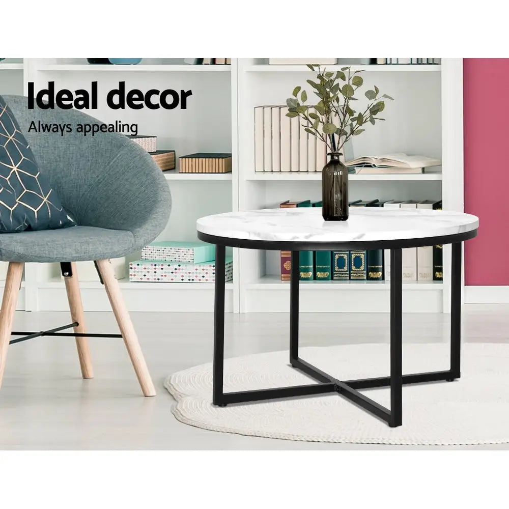 Artiss Coffee Table Round 70CM Marbel Effect - Furniture > Dining