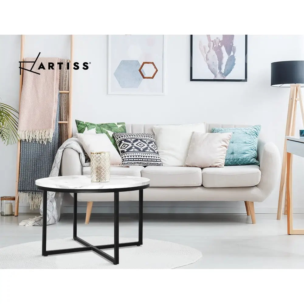 Artiss Coffee Table Round 70CM Marbel Effect - Furniture > Dining