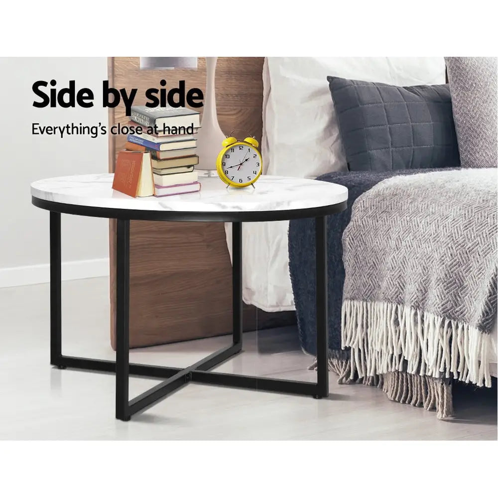Artiss Coffee Table Round 70CM Marbel Effect - Furniture > Dining