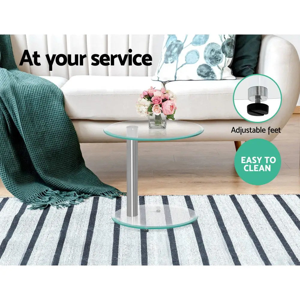 Artiss Coffee Table Round Tempered Glass Side End Beside Tables Cafe 45cm - Furniture > Dining