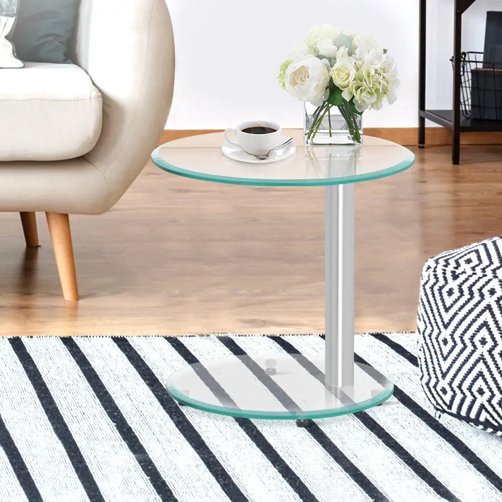 Artiss Coffee Table Round Tempered Glass Side End Beside Tables Cafe 45cm - Furniture > Dining