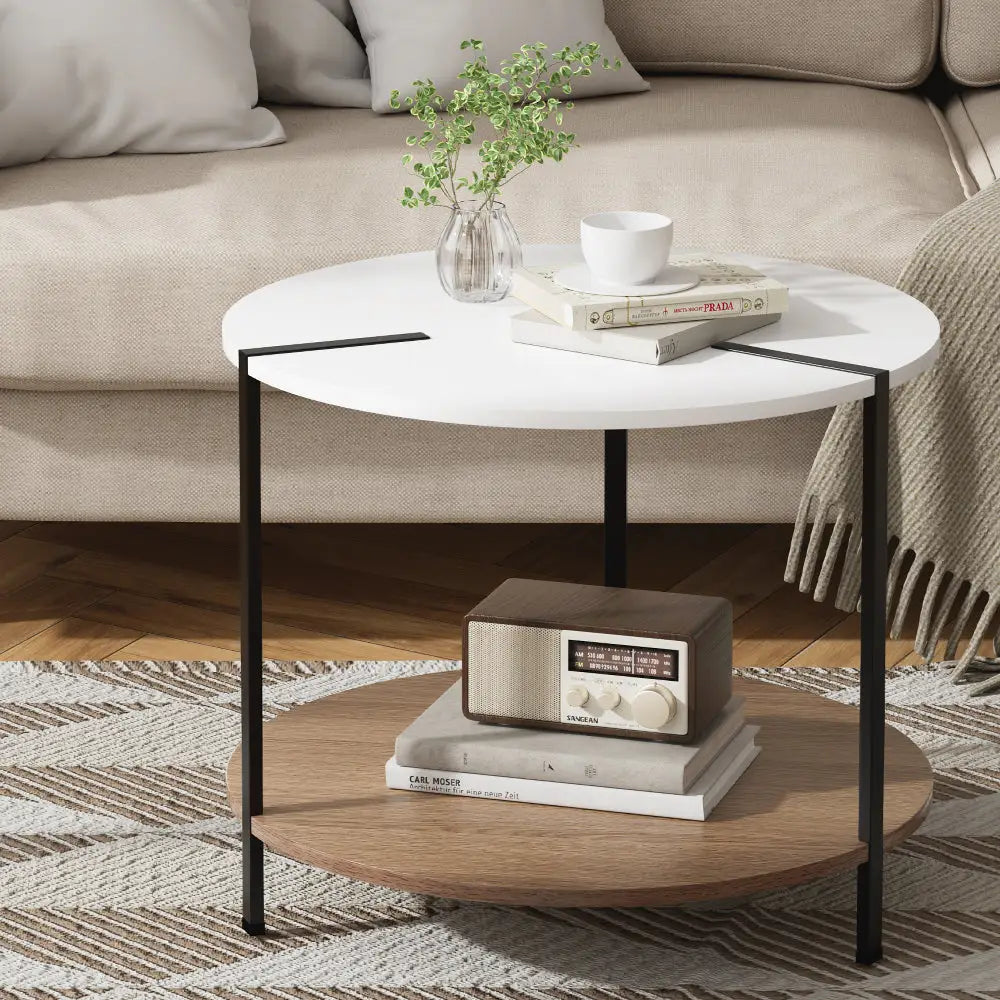 Artiss Coffee Table Side Table Round White Cedric - Furniture > Living Room